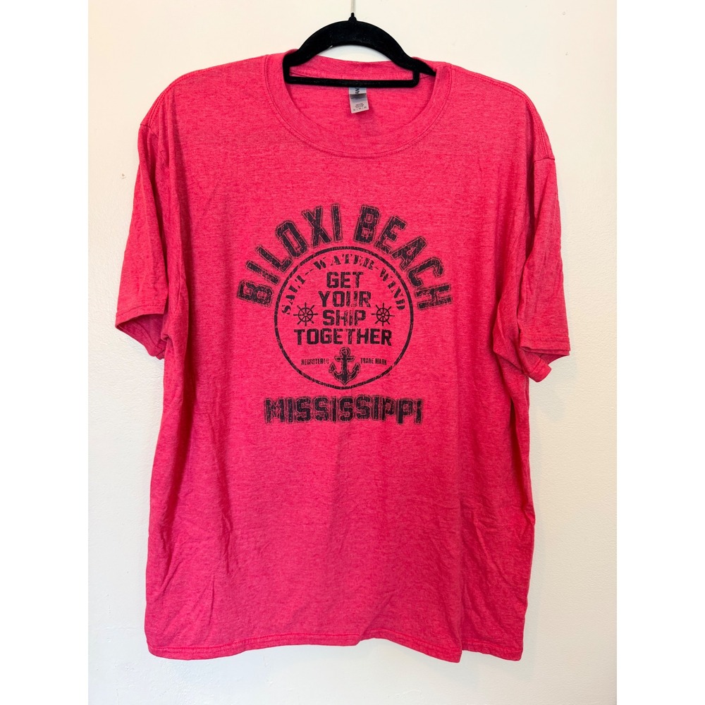 Gildan Mens T-Shirt XL Pink Biloxi Beach Mississippi Graphic Nautical